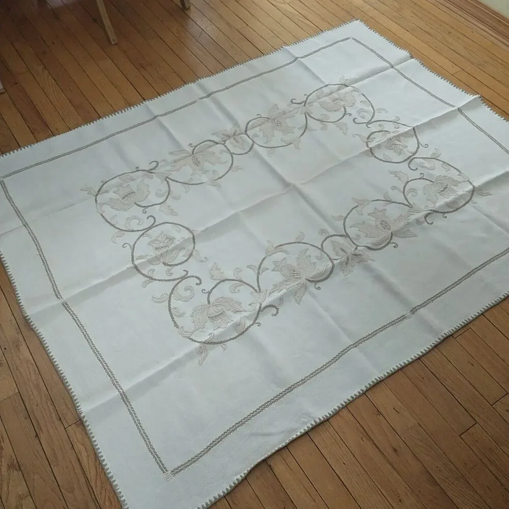 Vtg Large Tablecloth Floral Hand Embroidered White Tan Neutral Rectangle 51x66